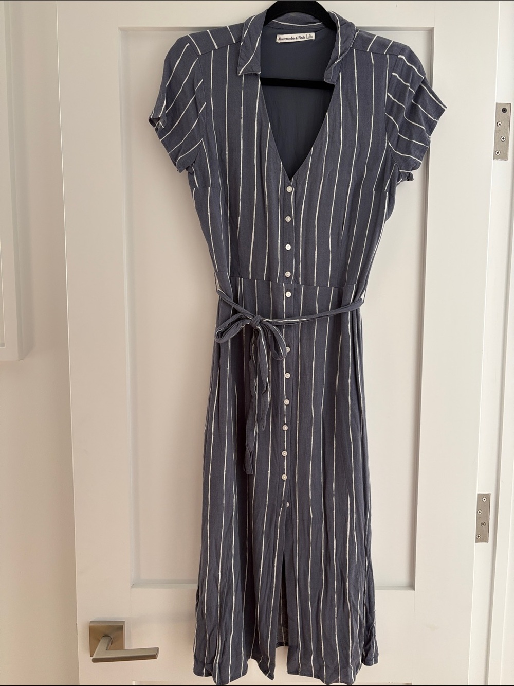 Abercrombie & Fitch Blue and White Vertical-Stripe Midi Shirt Dress